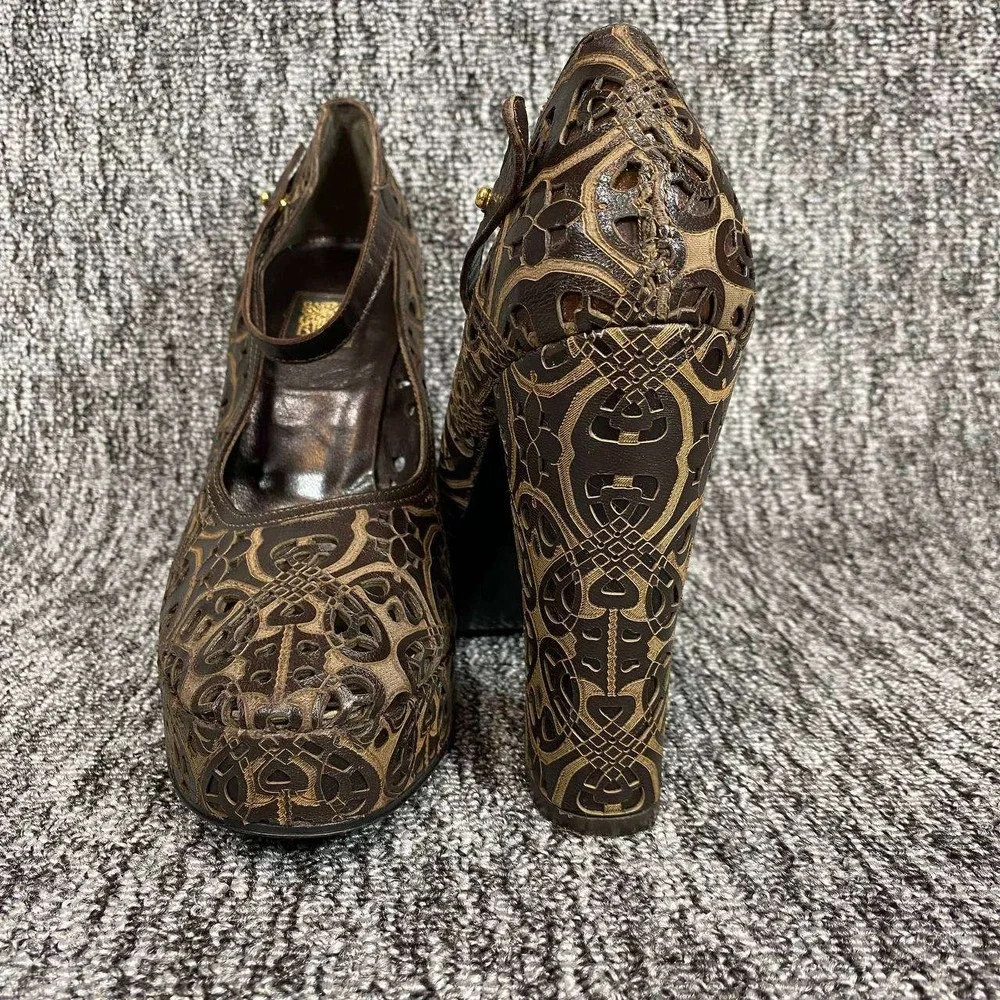 VTG 90s BIBA Italy Deco Laser Cut Out Leather Platform Mary Jane Heels Women 7.5
